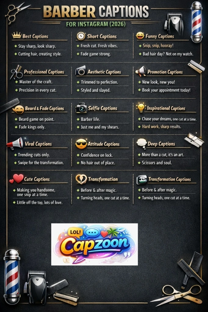Barber captions infographic featuring 15 categories, including short, funny, professional, viral, and transformation captions for Instagram in 2026, designed with modern barbershop elements and a clean layout.