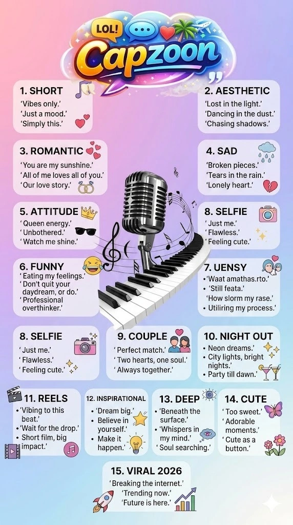 Infographic of 300+ song lyrics captions for Instagram (2026) organized by mood, including short, aesthetic, romantic, sad, funny, travel, and Reels captions.