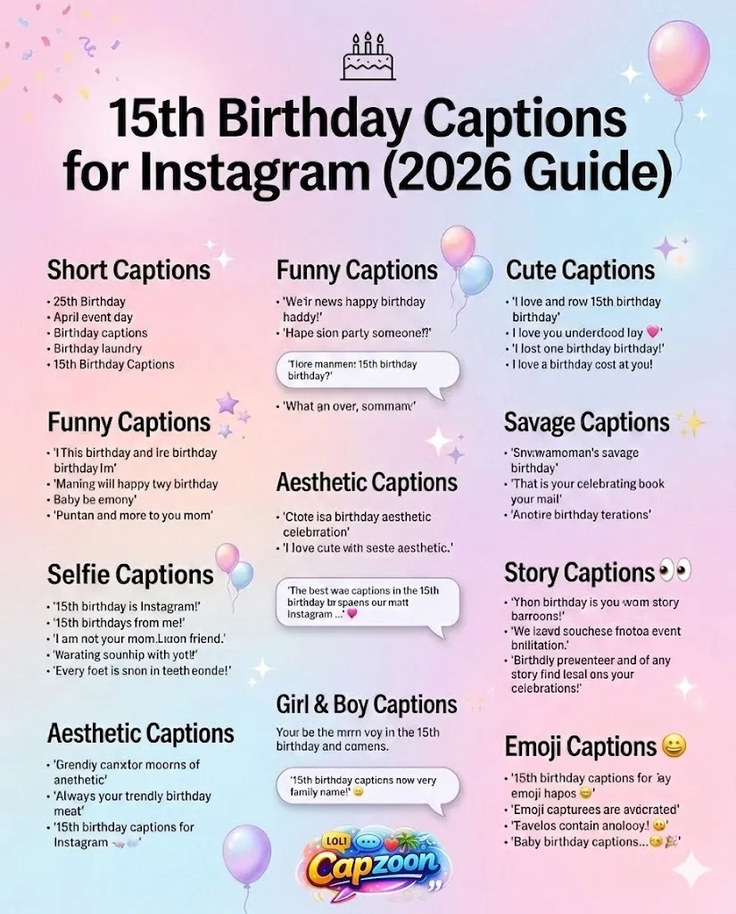 Vertical infographic showing 15th birthday captions for Instagram 2026, including short, funny, cute, aesthetic, savage, selfie, and friends caption ideas in a clean pastel birthday-themed design.
