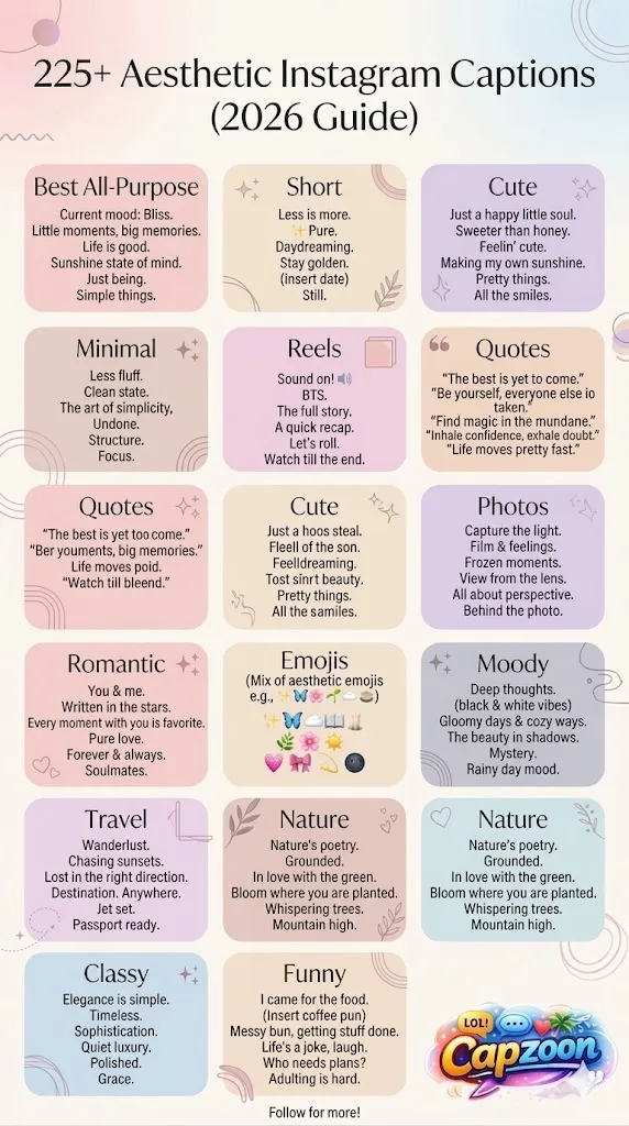 Infographic titled “225+ Aesthetic Instagram Captions (2026 Guide)” with 15 categorized sections for captions, including Short, Cute, Minimal, Reels, Quotes, Photos, Emojis, Romantic, Moody, Travel, Nature, Classy, Funny, and Inspirational. Designed in pastel colors with subtle icons and clean typography for Instagram-friendly readability.
