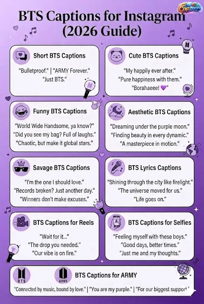 Infographic showing BTS captions for Instagram in 2026, including short, cute, funny, aesthetic, savage, and ARMY captions for reels, selfies, and fan edits.