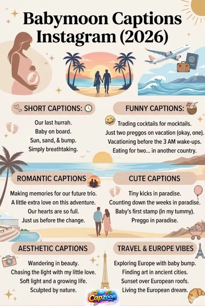 Babymoon captions infographic showing cute, funny, romantic, and aesthetic Instagram caption ideas for pregnancy travel photos in 2026.