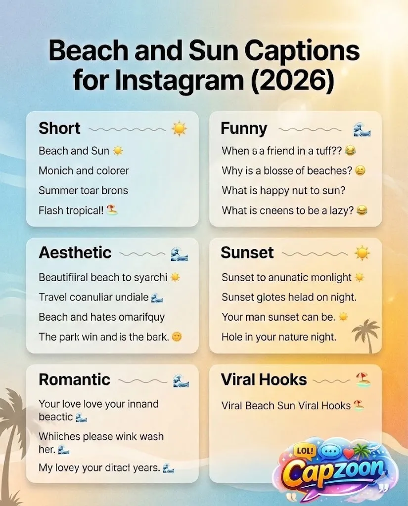 Beach and sun captions for Instagram 2026 infographic featuring short, funny, aesthetic, romantic, sunset, and viral caption ideas in a clean tropical social media design.