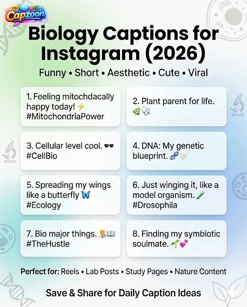 Biology captions for Instagram 2026 infographic showing funny, short, aesthetic, cute, and viral science captions with a clean green-blue gradient background and DNA-themed design elements for students and creators.