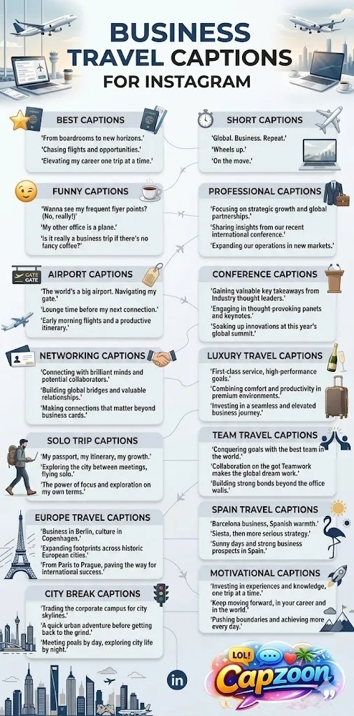 Infographic showing 225 business travel captions for Instagram, including short, funny, professional, airport, conference, luxury, and Europe travel captions for work trips in 2026.
