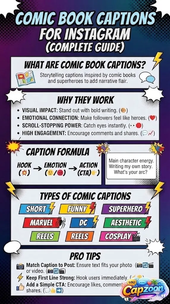 Comic book captions for Instagram infographic showing caption types, formula (hook, emotion, CTA), and tips for creating engaging superhero-style posts.
