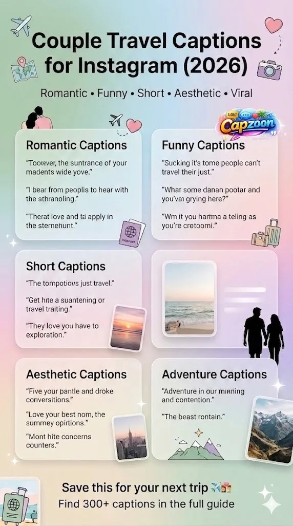 Infographic showing couple travel captions for Instagram in 2026, including romantic, funny, short, aesthetic, and adventure caption ideas for travel photos and reels.