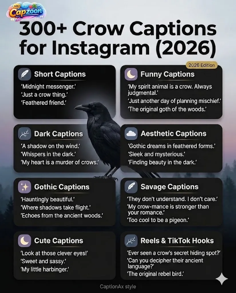 Infographic showing 300+ crow captions for Instagram, including short, funny, dark, aesthetic, gothic, savage, and cute caption ideas with examples for social media posts and reels.