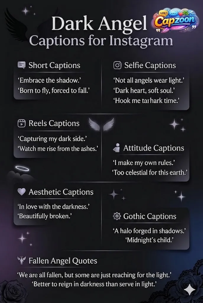 Dark angel captions for Instagram infographic featuring aesthetic, gothic, attitude, and short caption ideas for selfies, reels, and night photos.