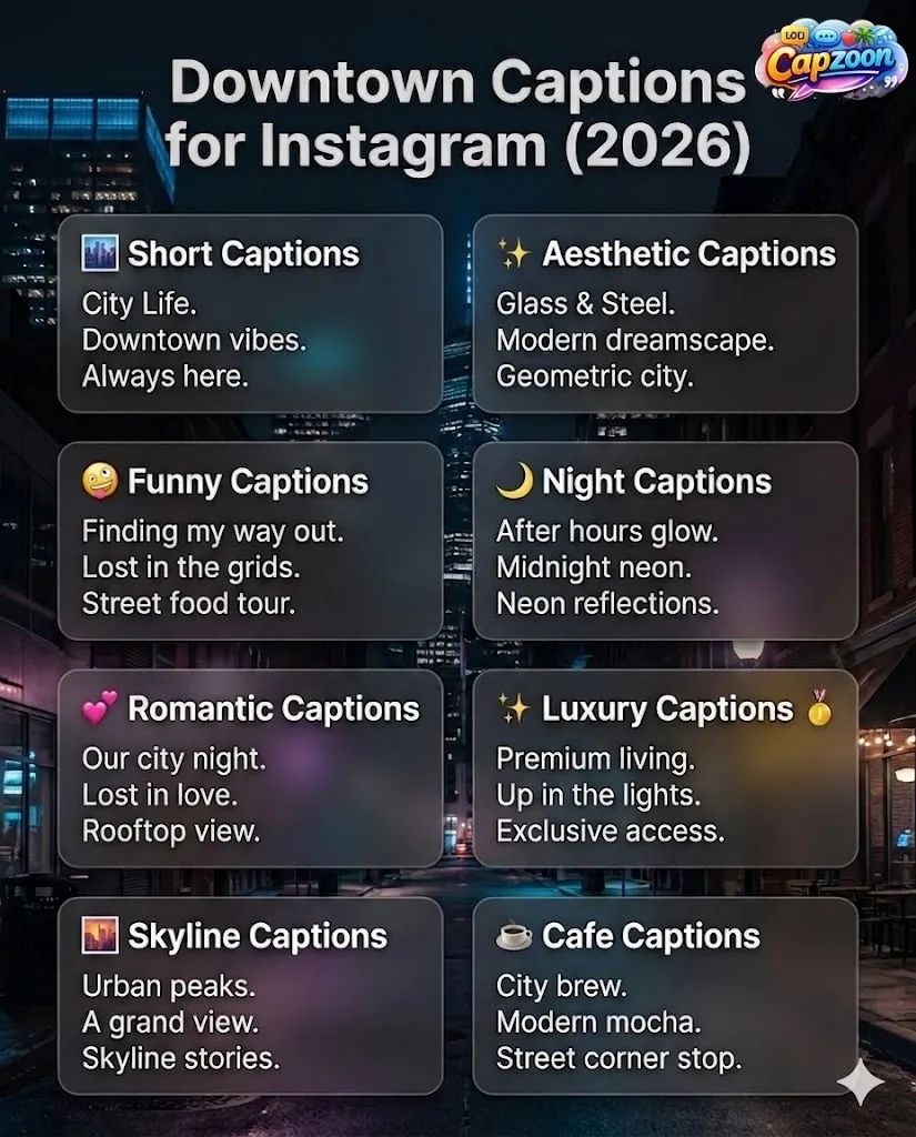 Downtown captions for Instagram infographic showing short, aesthetic, funny, night, romantic, and skyline caption ideas with a modern city theme.