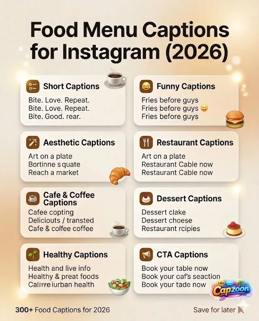 Food menu captions for Instagram infographic showing short, funny, aesthetic, restaurant, cafe, dessert, healthy, and CTA caption ideas for 2026 social media posts.