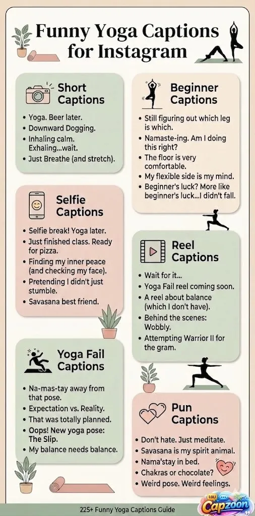 Funny yoga captions for Instagram infographic featuring short captions, beginner captions, selfie captions, reel captions, yoga fail captions, and pun captions in a clean aesthetic layout.