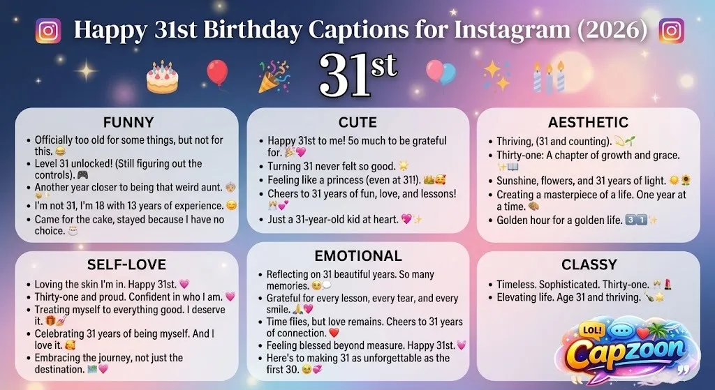 Happy 31st birthday captions for Instagram infographic 2026 featuring funny, cute, aesthetic, self-love, emotional, and classy caption ideas with modern birthday design elements.