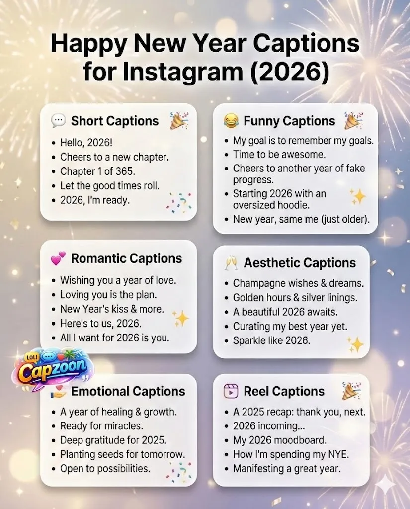Happy New Year captions for Instagram 2026 infographic featuring short, funny, romantic, aesthetic, emotional, and viral captions for social media posts.