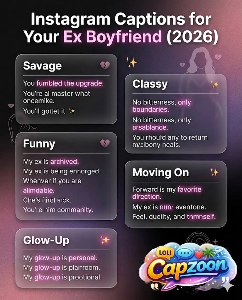 Instagram captions for your ex-boyfriend infographic showing savage, classy, funny, glow-up, and moving-on captions in a modern aesthetic design.