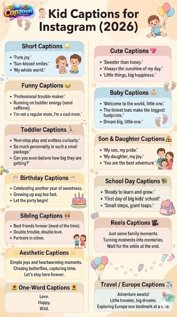 Infographic showing 225+ kid captions for Instagram including cute, funny, short, baby, toddler, birthday, sibling, school, reels, aesthetic, and travel captions in a colorful Pinterest-style layout.