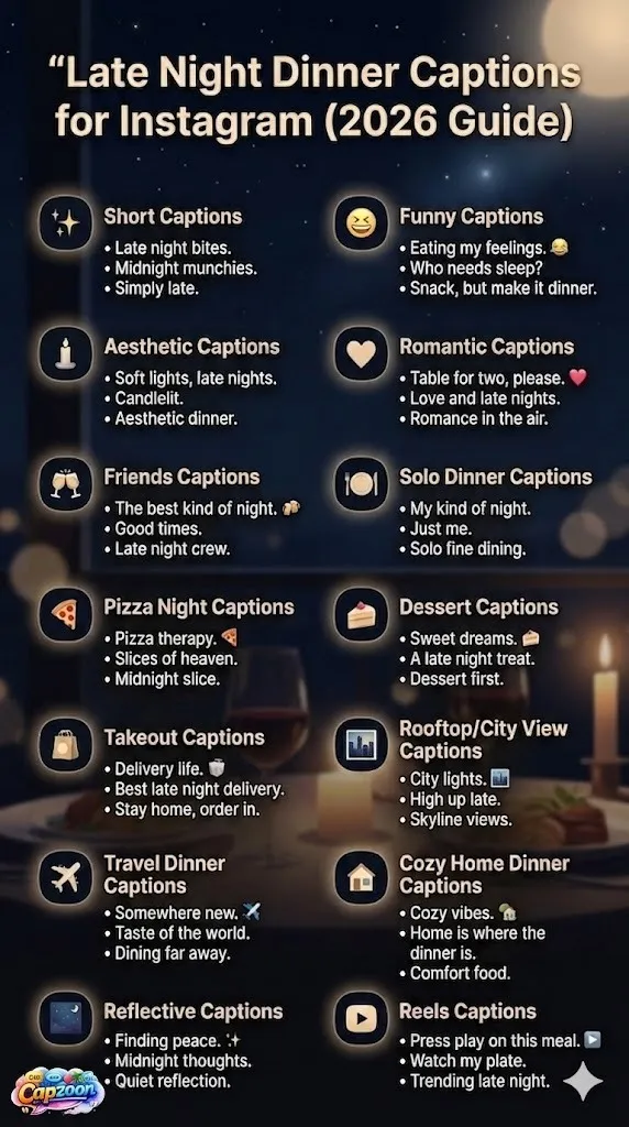 Late-night dinner captions for Instagram infographic showing funny, romantic, aesthetic, and short caption ideas for food, takeout, dessert, and cozy night posts in 2026.