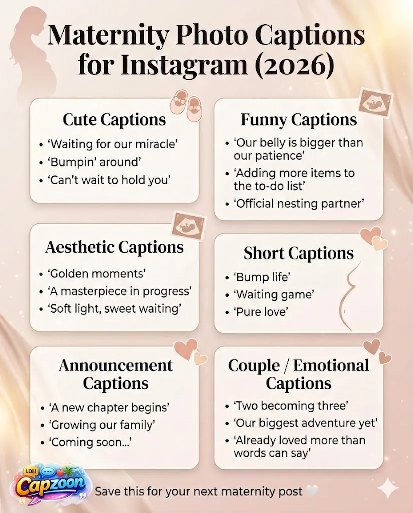 Maternity photo captions for Instagram infographic showing cute, funny, aesthetic, short, and pregnancy announcement captions for baby bump photos in a soft pastel design.
