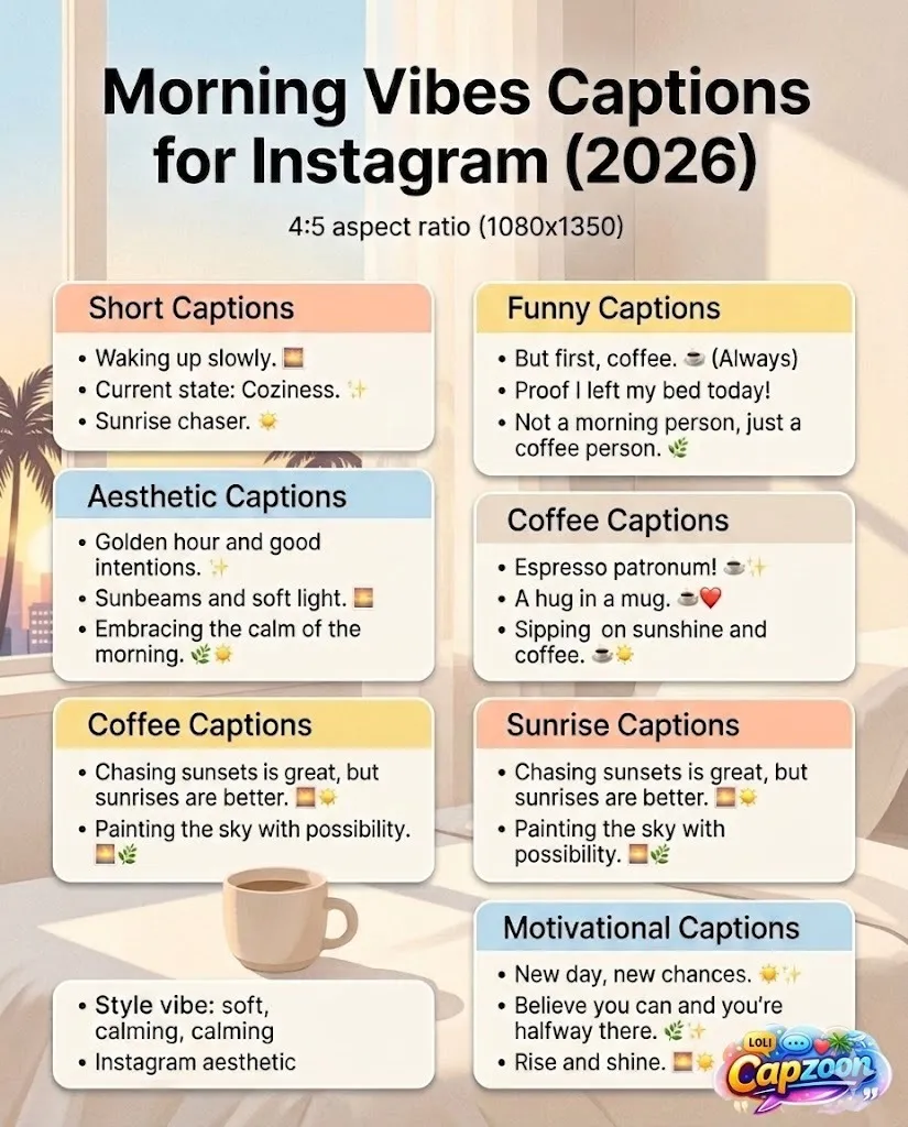 Morning vibes captions infographic featuring aesthetic, funny, coffee, sunrise, and motivational Instagram caption ideas in a soft pastel sunrise theme.