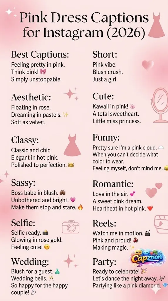 Pink dress captions for Instagram infographic featuring cute, aesthetic, classy, and funny caption ideas for selfies, reels, weddings, and parties in 2026.