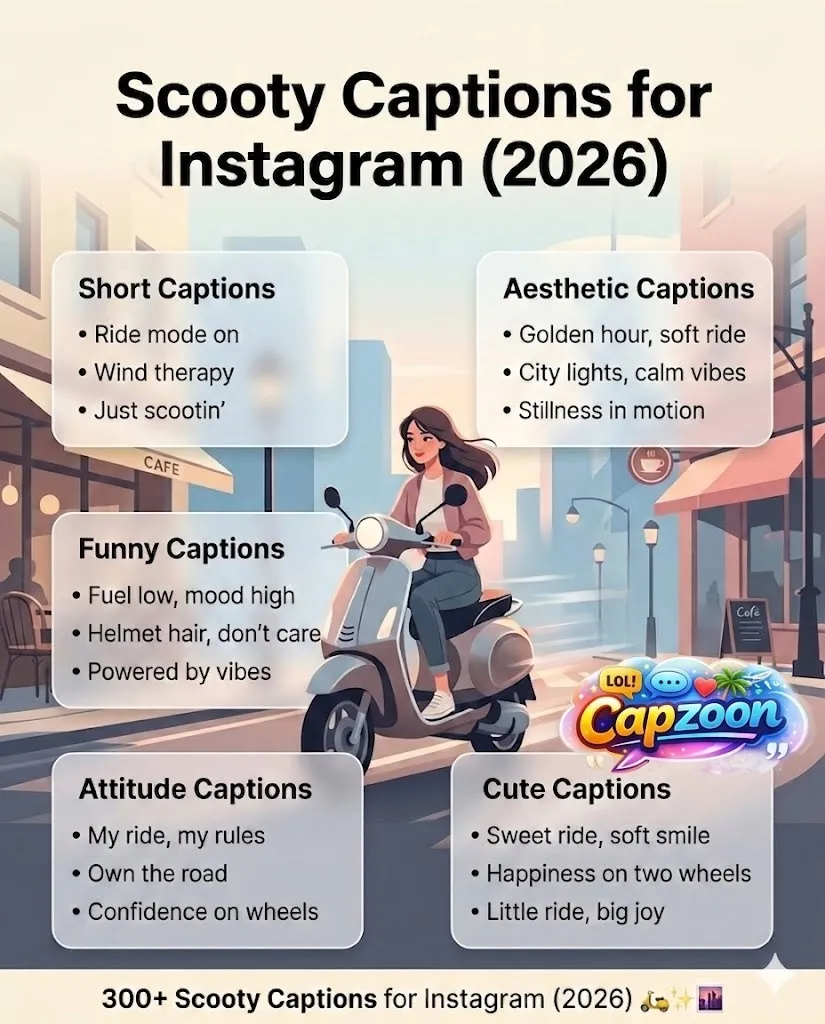 Scooty captions for Instagram 2026 infographic featuring short, aesthetic, funny, attitude and cute scooter caption ideas for social media posts.
