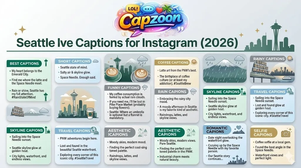 Infographic showing 225+ Seattle captions for Instagram, including short, funny, aesthetic, coffee, rain, skyline, travel, romantic, and selfie captions with Seattle-themed visuals like the Space Needle, coffee cups, and rainy city elements.