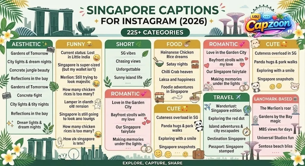 Infographic showcasing 225+ Instagram captions for Singapore, organized by category: Aesthetic, Funny, Short, Food, Romantic, Cute, Travel, and Landmark captions, with visuals of Marina Bay Sands, Gardens by the Bay, Sentosa, Merlion Park, and iconic Singapore street food.