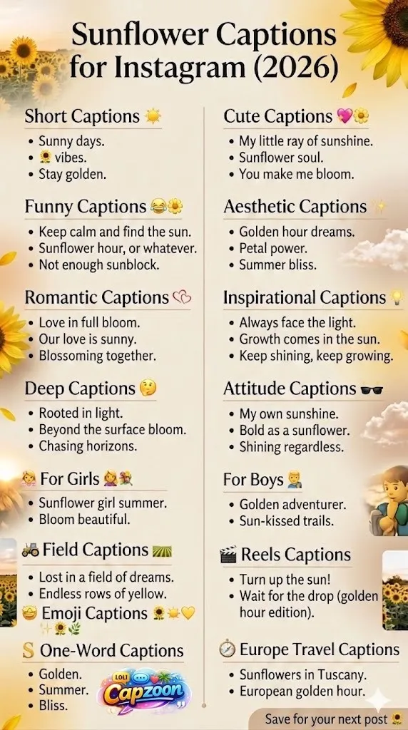 Sunflower captions for Instagram infographic featuring 225+ short, cute, funny, aesthetic, romantic, and inspirational caption ideas for reels, stories, and summer photos.