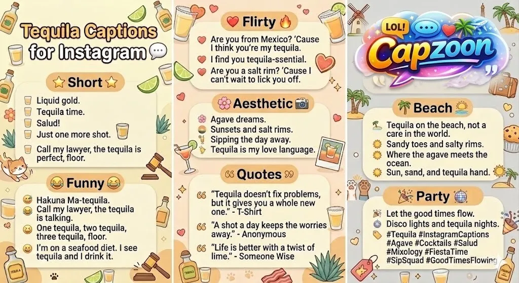 Infographic showing 225+ tequila captions for Instagram, organized by categories like short, funny, flirty, aesthetic, travel, beach, and party, with playful illustrations of tequila shots, lime wedges, sunsets, and European landmarks, designed for Instagram reels, stories, and posts.