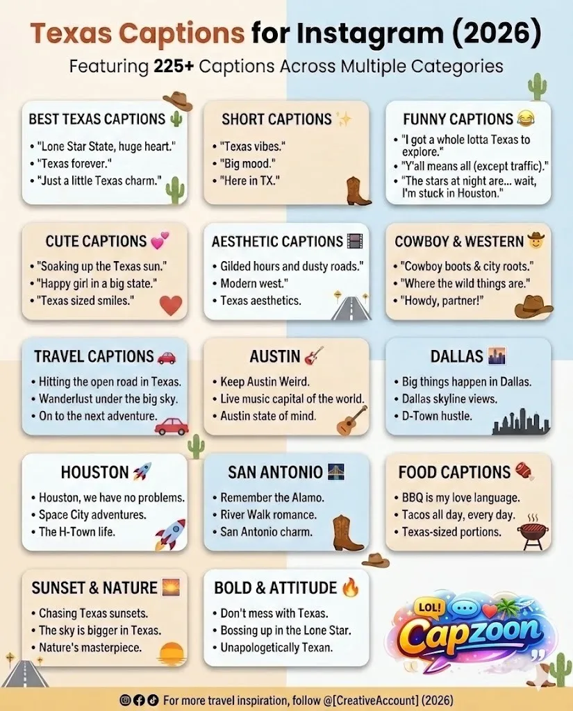 Texas captions for Instagram infographic featuring 225+ ideas, including funny, short, aesthetic, cowboy, travel, city, food, and sunset captions for 2026.