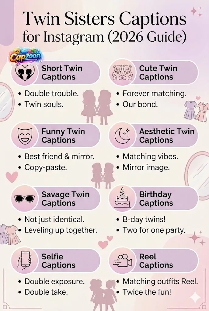 Twin sisters' captions infographic with cute, funny, aesthetic, savage, birthday, selfie, and reel caption ideas for Instagram 2026.