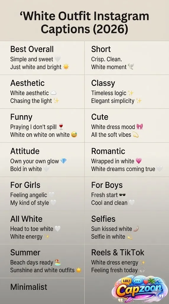 White outfit Instagram captions infographic featuring 225+ short, classy, aesthetic, funny, and minimalist caption ideas for reels, selfies, summer looks, and all-white outfits.