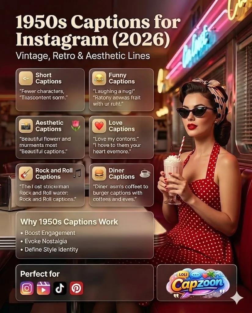 1950s captions for an Instagram infographic featuring a retro diner scene, a pin-up girl with a milkshake, and vintage caption categories such as funny, aesthetic, and rock-and-roll lines.
