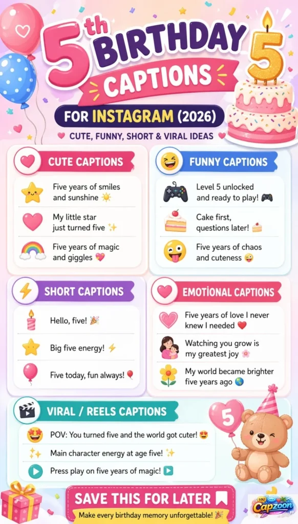 5th birthday captions infographic showing cute, funny, short, emotional, and viral Instagram caption ideas for kids turning five, with pastel design, birthday cake, balloons, and playful elements.