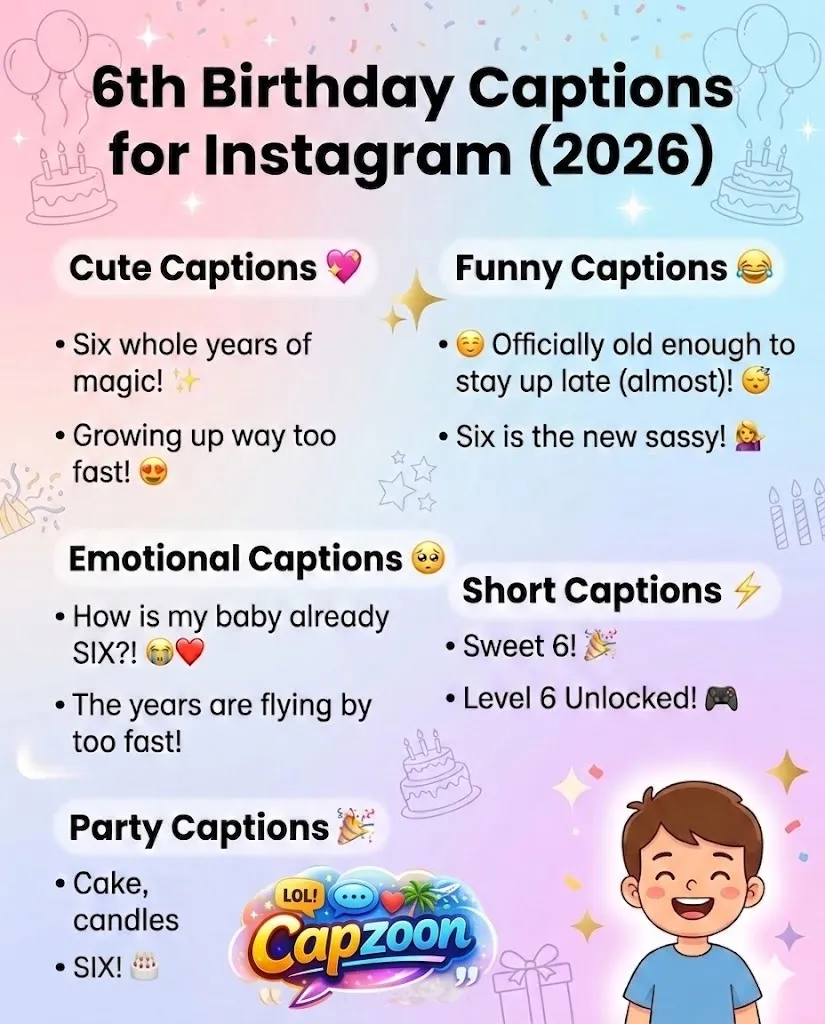 6th birthday captions infographic showing cute, funny, emotional, and short Instagram caption ideas for kids’ birthday posts in 2026.