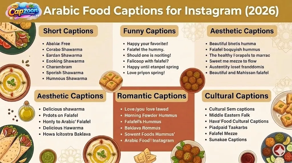 Infographic showing Arabic food captions for Instagram (2026), including short, funny, aesthetic, romantic, and cultural caption ideas with visuals of shawarma, hummus, falafel, and baklava in a modern Middle Eastern design layout.
