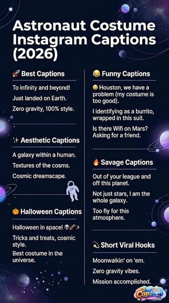 Astronaut costume Instagram captions infographic 2026 featuring funny, aesthetic, savage, and Halloween caption ideas with a futuristic space-themed design.
