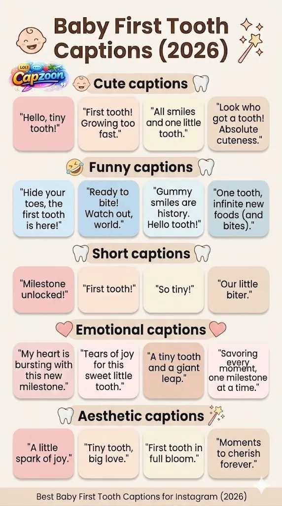 Baby first tooth captions infographic for Instagram 2026 showing cute, funny, short, emotional, and aesthetic caption ideas for baby milestone posts in a soft pastel design.