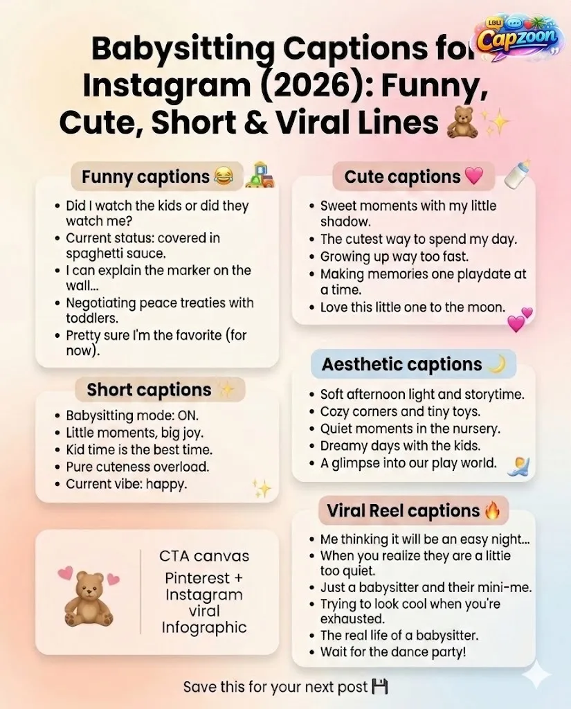 Instagram infographic showing 2026 babysitting captions for Instagram, including funny, cute, short, aesthetic, and viral lines designed for social media posts, Reels, and Stories.