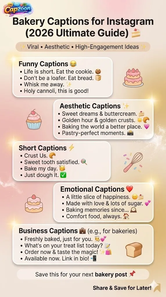 Bakery captions for Instagram 2026 ultimate guide infographic featuring viral, aesthetic, funny, short, and business caption ideas for bakery posts to boost engagement, reach, and sales.
