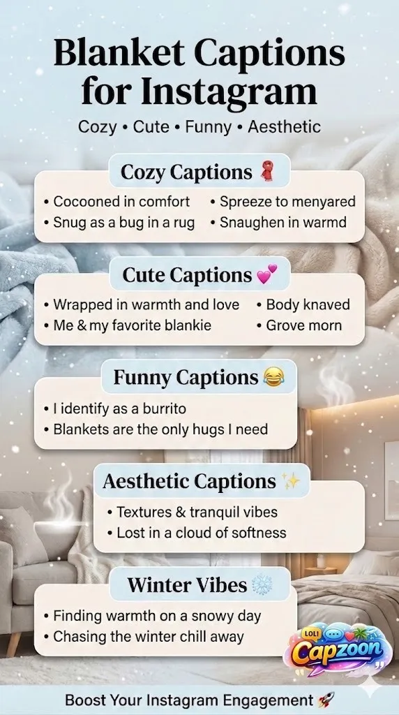 Infographic showing 300+ blanket captions for Instagram 2026, including cozy, cute, funny, aesthetic, and winter caption ideas with a soft minimal design.