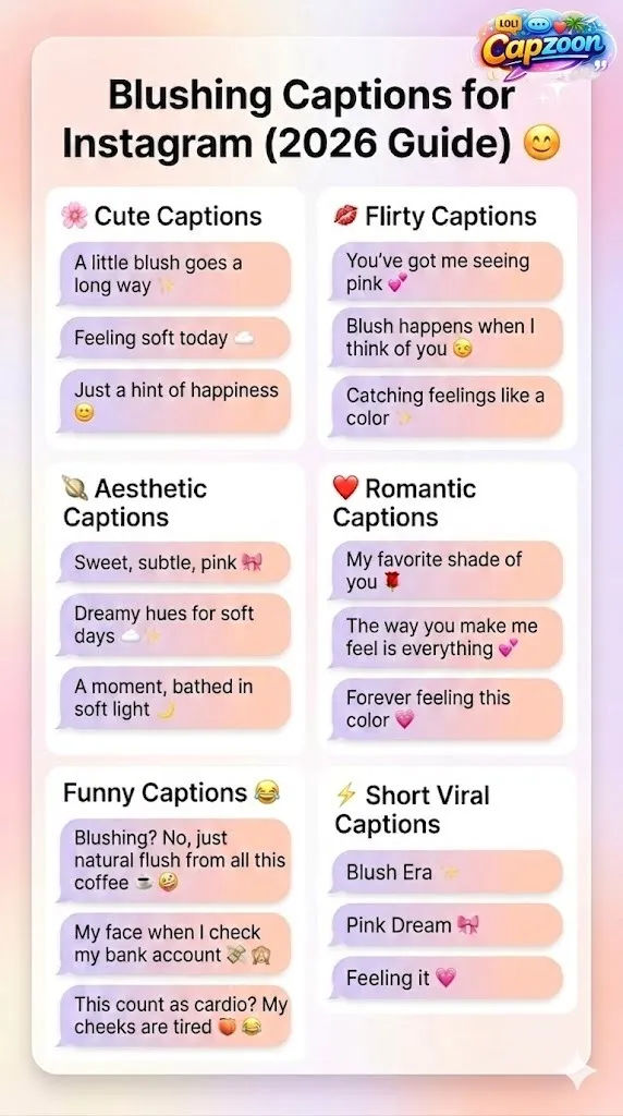 Blushing captions for Instagram 2026 infographic featuring cute, flirty, aesthetic, romantic, funny, and viral caption ideas to boost likes, saves, and engagement on Instagram posts.