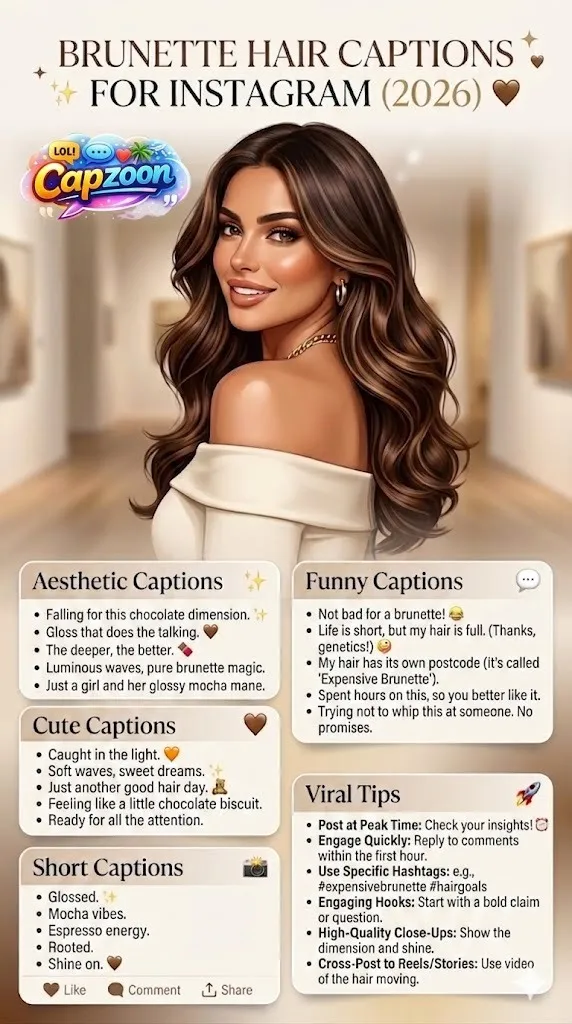 Brunette hair captions infographic for Instagram 2026 showing aesthetic, funny, cute, and viral caption ideas with stylish brown hair inspiration.