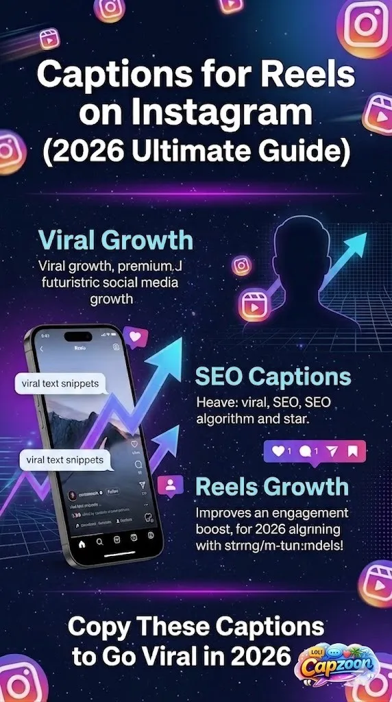 Instagram Reels captions infographic 2026 showing viral, SEO-optimized caption ideas, engagement growth tips, and social media strategy for increasing reach and followers.