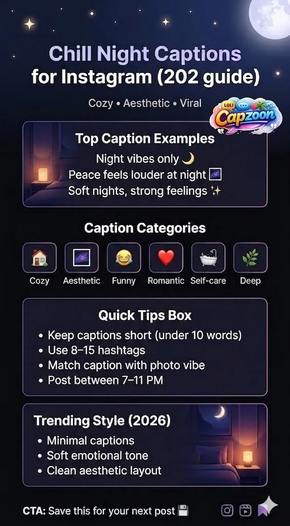 Infographic showing chill night captions for Instagram in 2026, including cozy, aesthetic, romantic, and funny caption ideas with tips for boosting engagement.