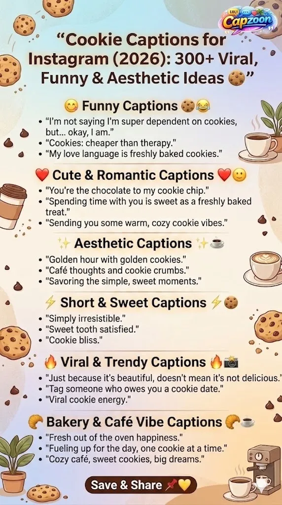 Infographic showing 300+ Cookie Captions for Instagram (2026), including funny, cute, aesthetic, short, viral, and bakery-themed caption ideas designed for food bloggers, cafés, and Instagram growth.
