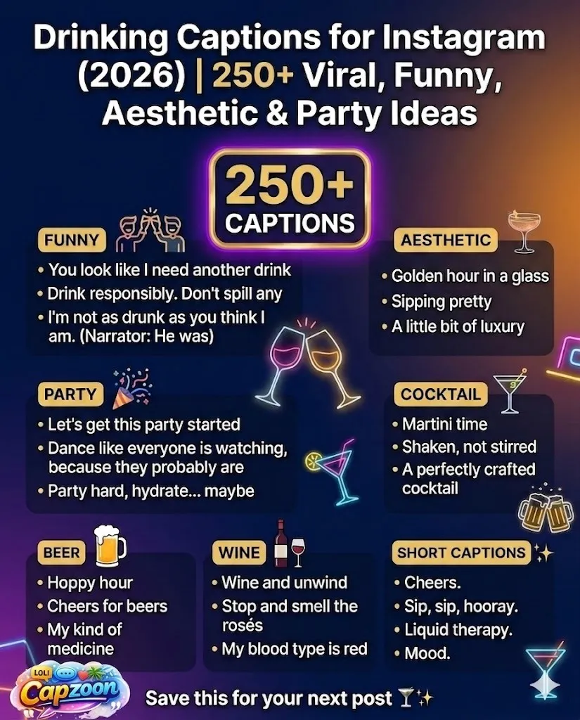 Vertical Instagram infographic showing 250+ drinking captions for Instagram 2026, including funny, aesthetic, cocktail, beer, wine, party, and short captions, designed in a modern neon nightlife style with bold typography and category sections.