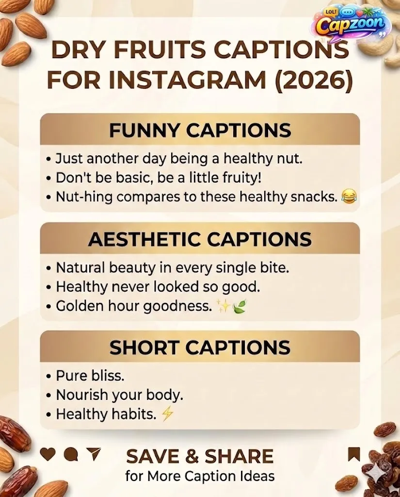Instagram infographic showing “Dry Fruits Captions for Instagram 2026” with categories like funny, flirty, aesthetic, and short captions designed for engagement and social media growth.
