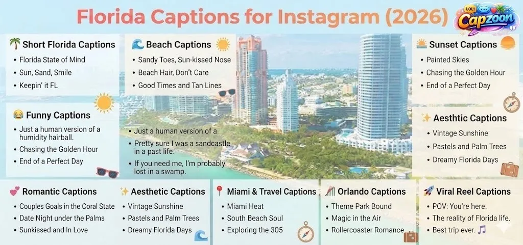 Florida captions for Instagram infographic 2026 featuring aesthetic, funny, beach, sunset, Miami, Orlando, romantic, and viral caption ideas in a colorful tropical design with palm trees and ocean theme.