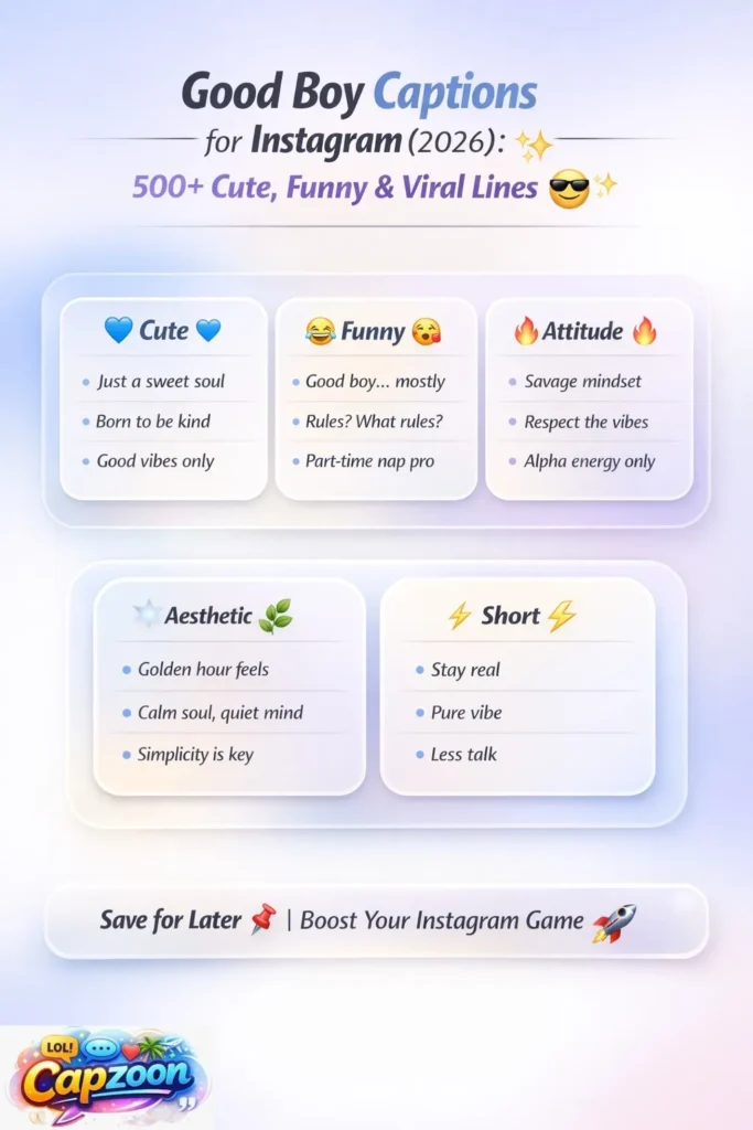 Good Boy Captions for Instagram 2026 infographic featuring cute, funny, aesthetic, and viral caption ideas to boost engagement on posts and reels.